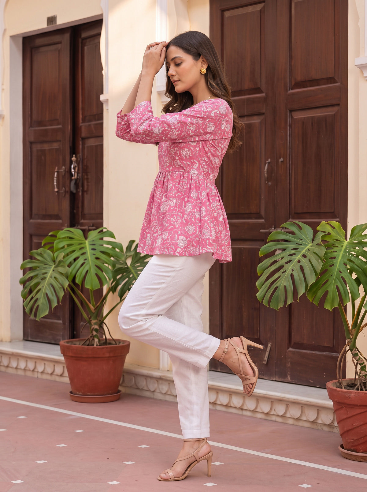 Buy Cotton Printed Peplum Short Length Short Kurta-Pink