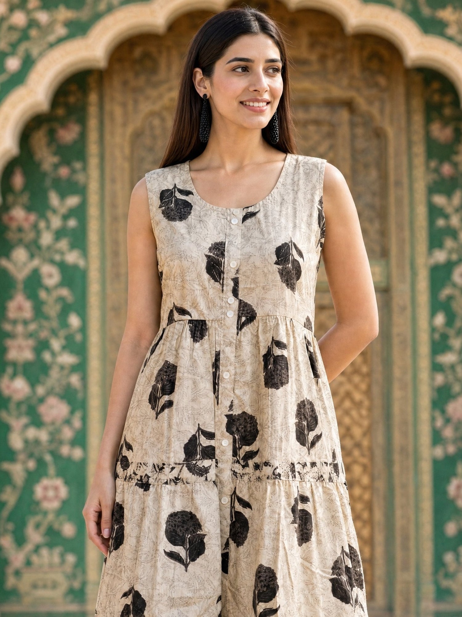 Cotton Printed Flared Calf Length Dress