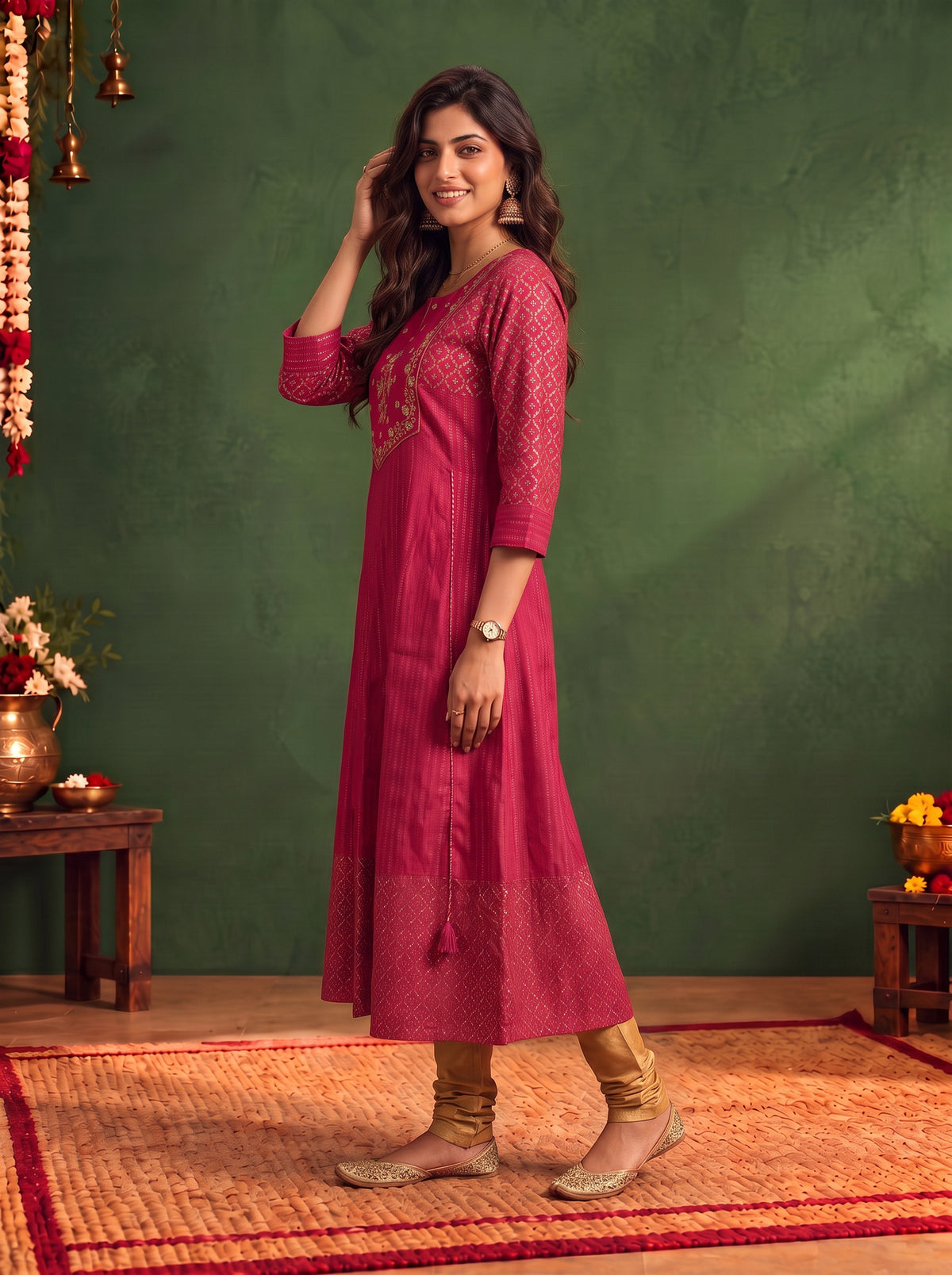Buy Viscose Embroidered Flared Calf Length Kurta-Fuchsia