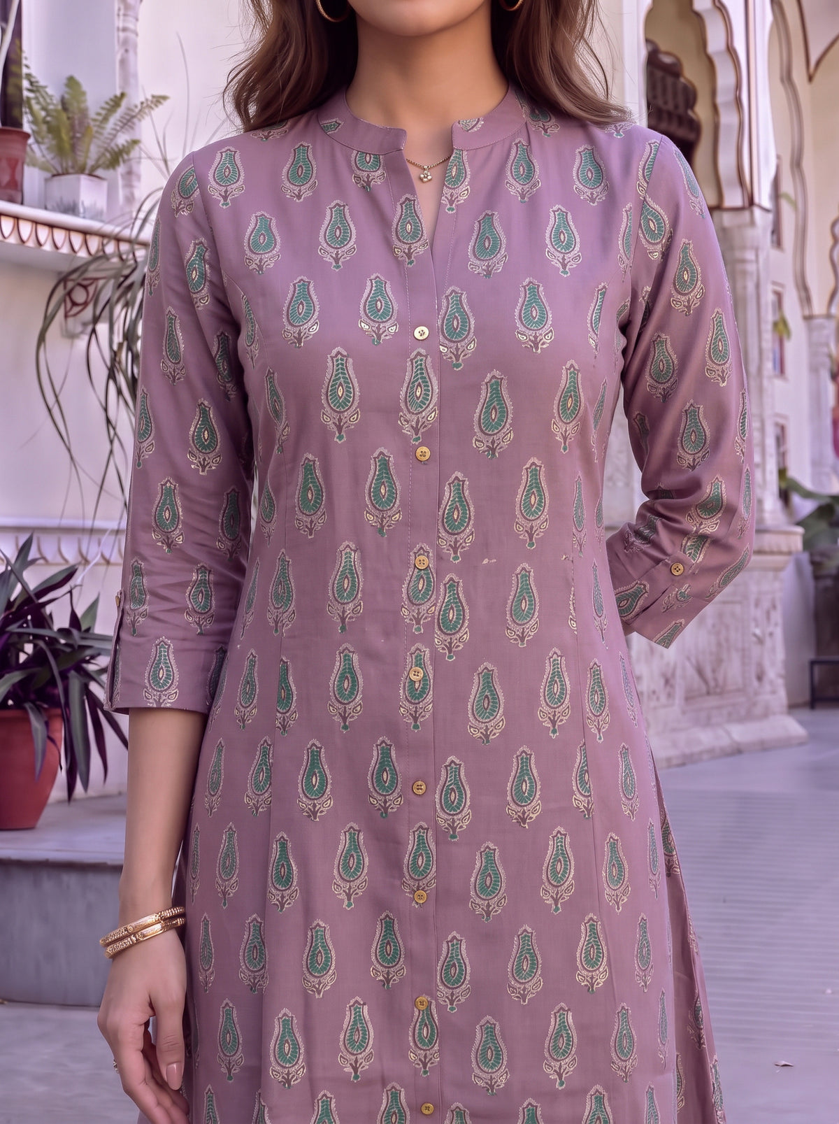Buy Viscose Printed A-Line Calf Length Kurta With Pant-Purple