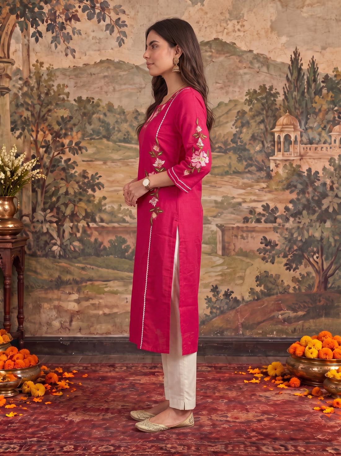 Buy Viscose Embroidered Straight Calf Length Kurta-Fuchsia