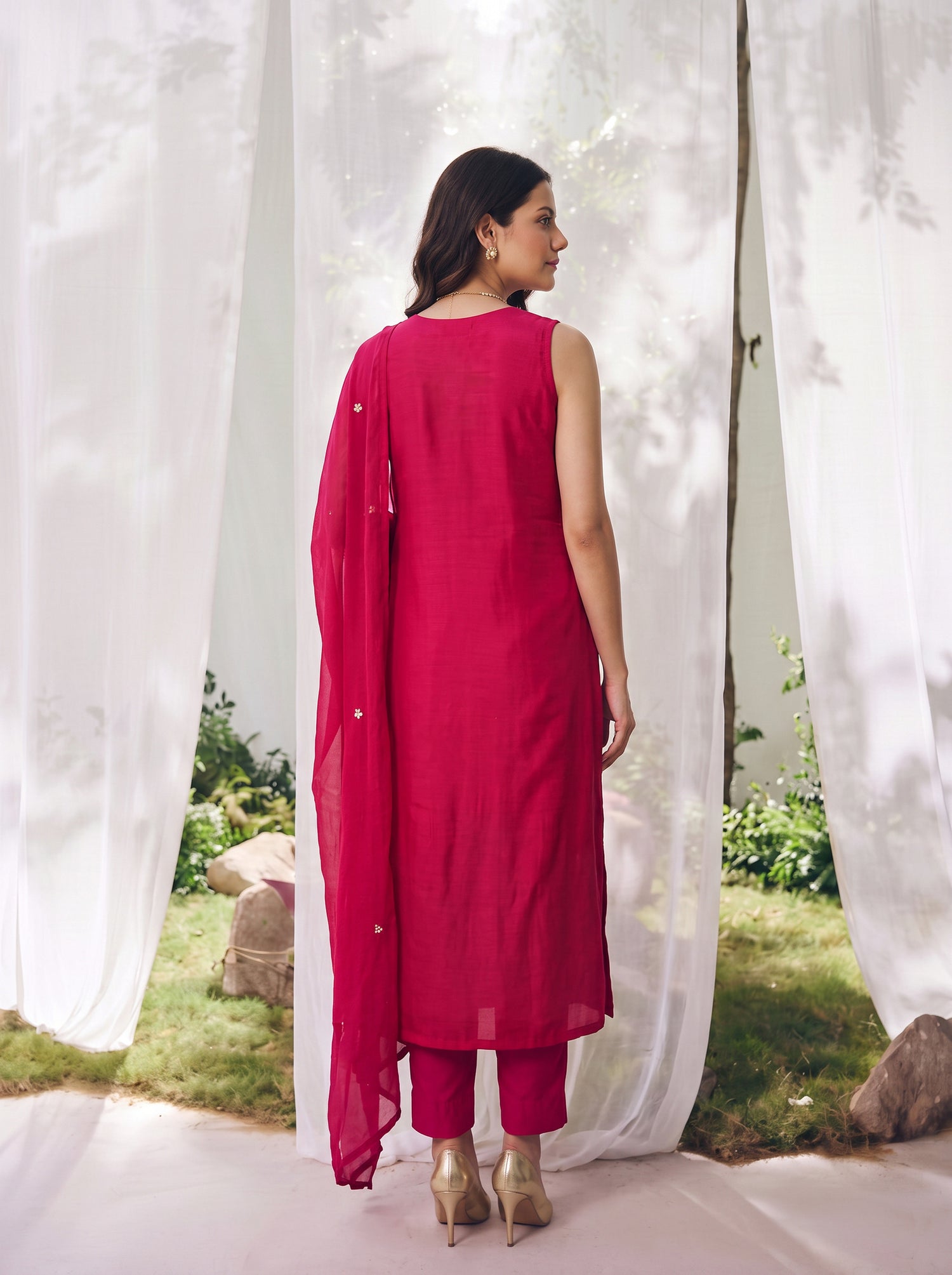 Buy Rayon Embroidered A-Line Calf Length Kurta With Pant-Fuschia