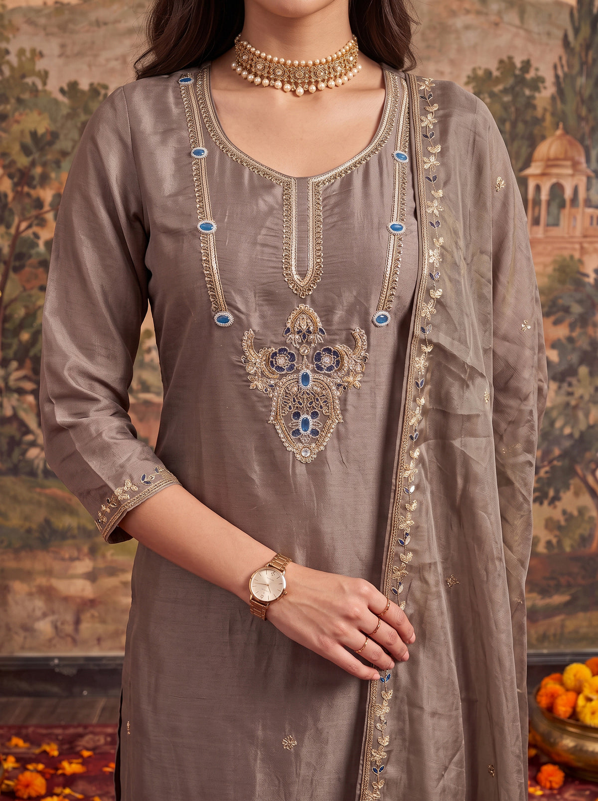 Viscose Embroidered Straight Calf Length Kurta With Pant and Dupatta