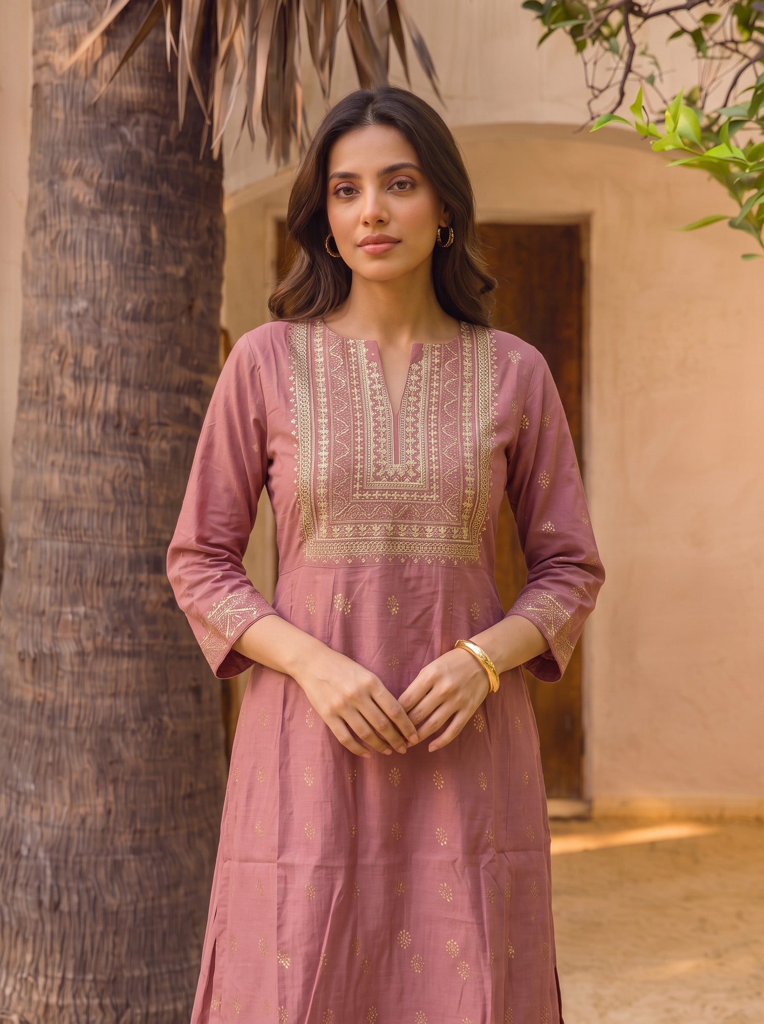 Buy Viscose Embroidered Straight Calf Length Kurta-Mauve