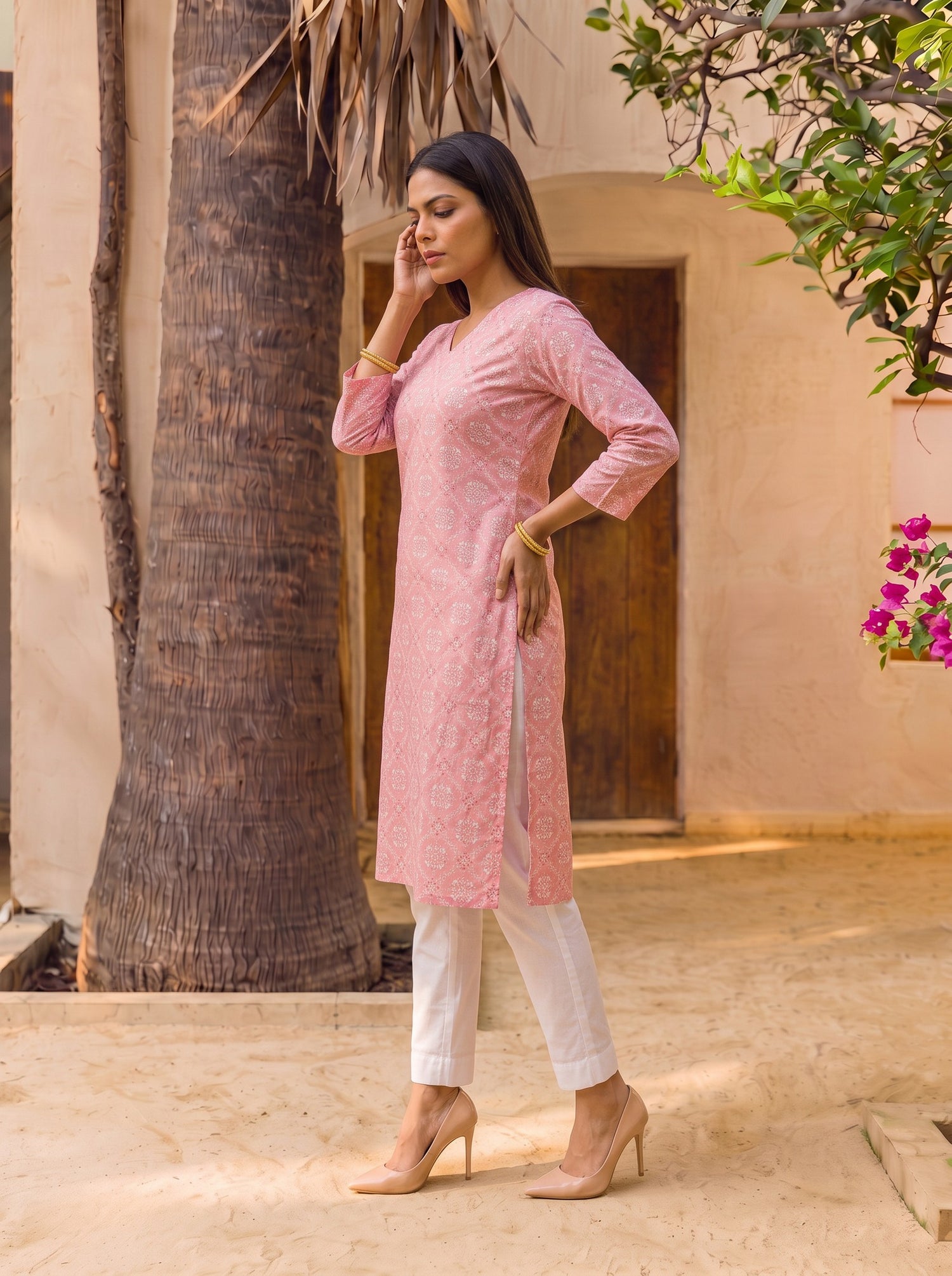 Buy Cotton Printed Straight Knee Length Kurta-Peach