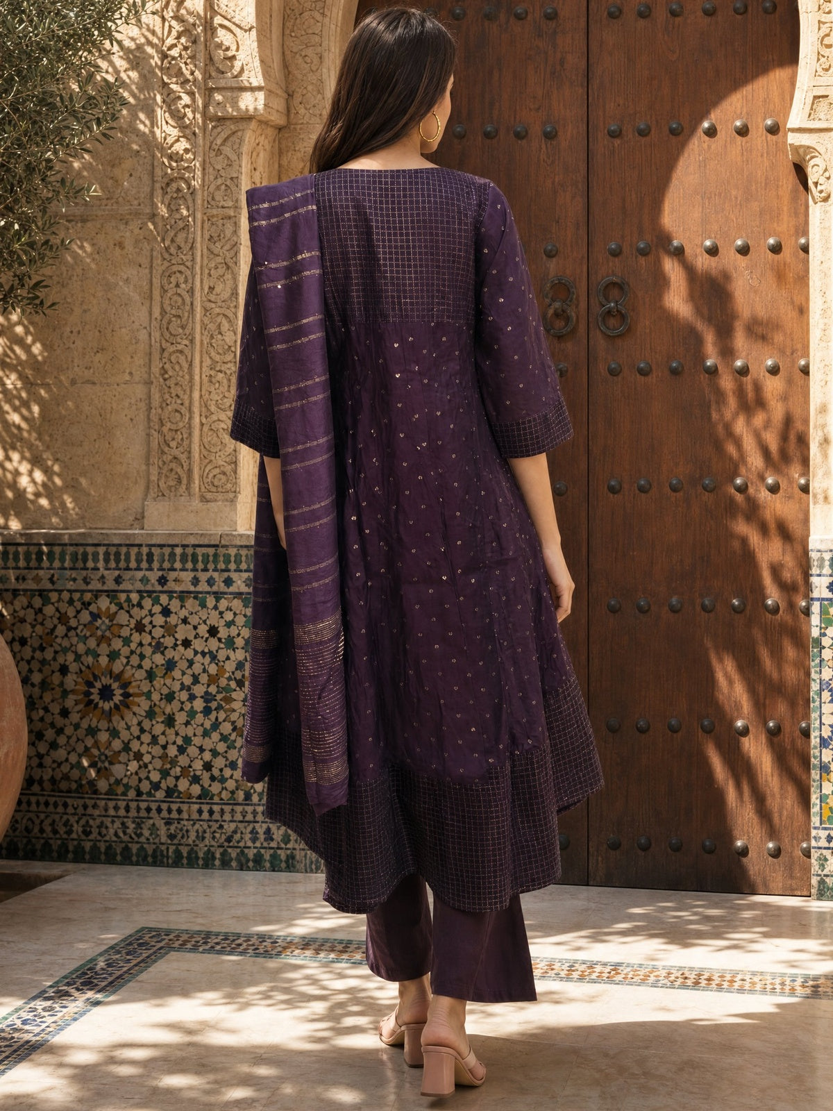 Buy Viscose Embroidered Anarkali Calf Length Kurta With Pant and Dupatta-Wine