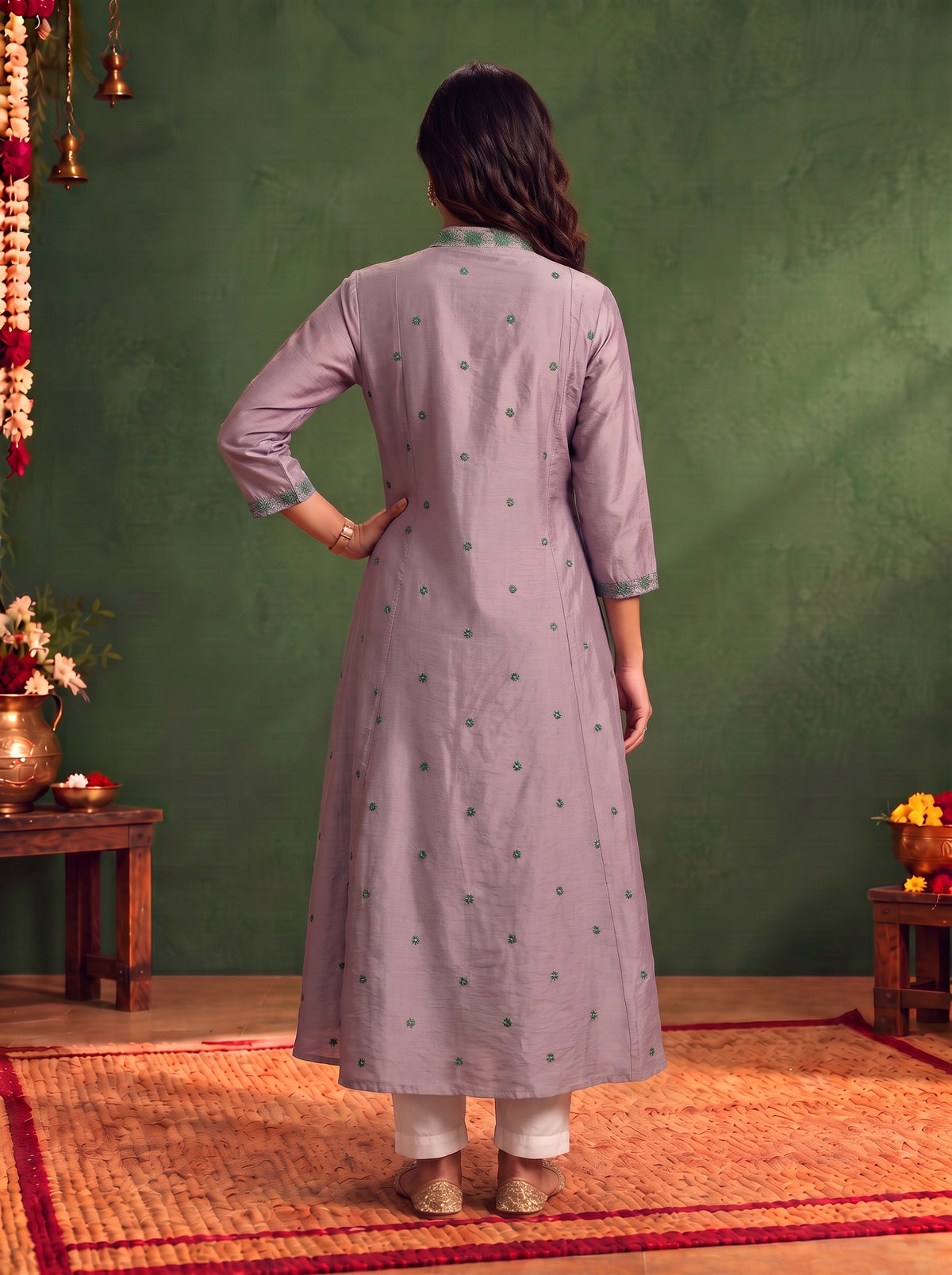 Buy Viscose Embroidered Flared Calf Length Kurta-Lavender