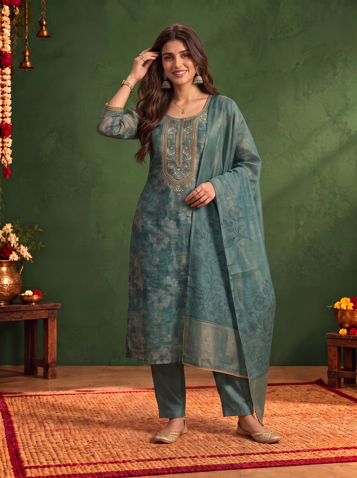 Viscose Embroidered Straight Calf Length Kurta With Pant and Dupatta