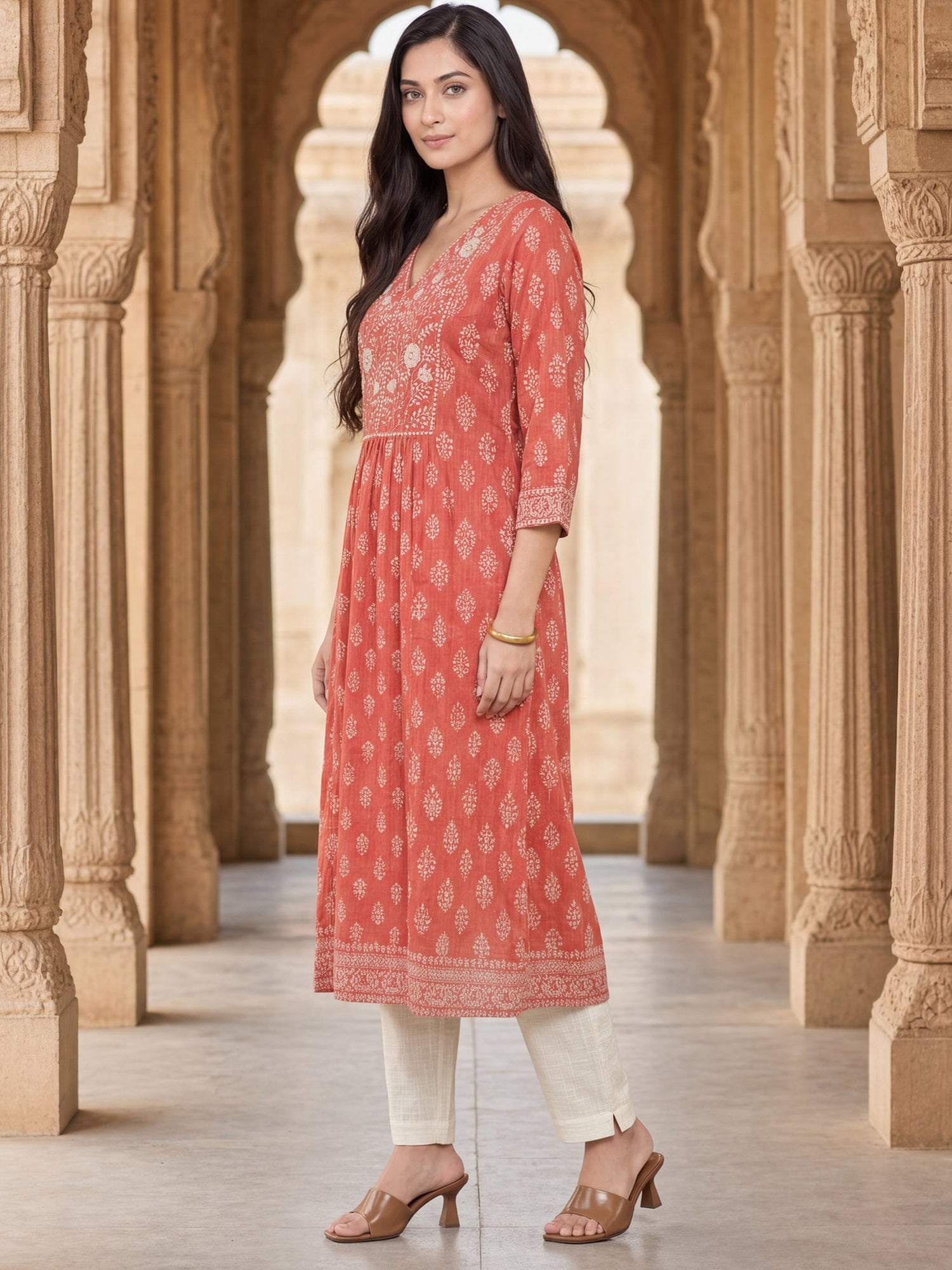 Buy Rayon Embroidered Flared Calf Length Kurta-Orange