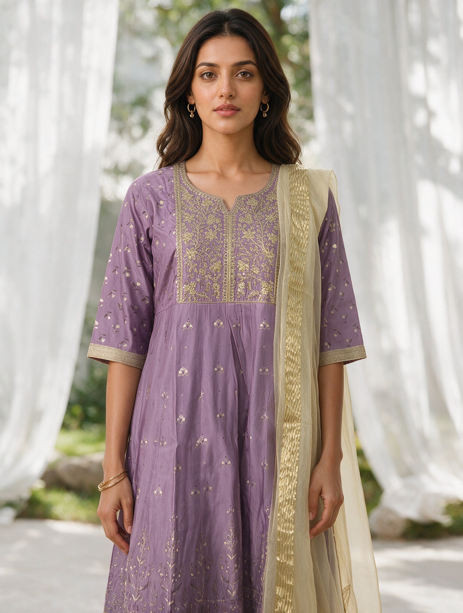 Viscose Embroidered Flared Calf Length Kurta With Pant and Dupatta