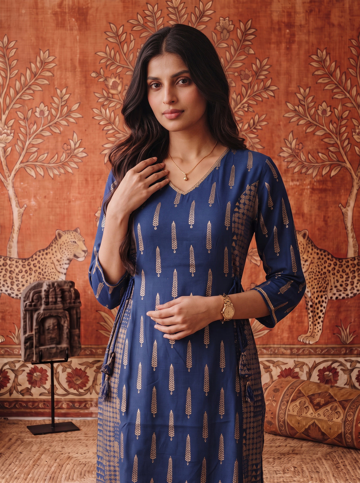 Buy Rayon Printed A-Line Calf Length Kurta-Blue