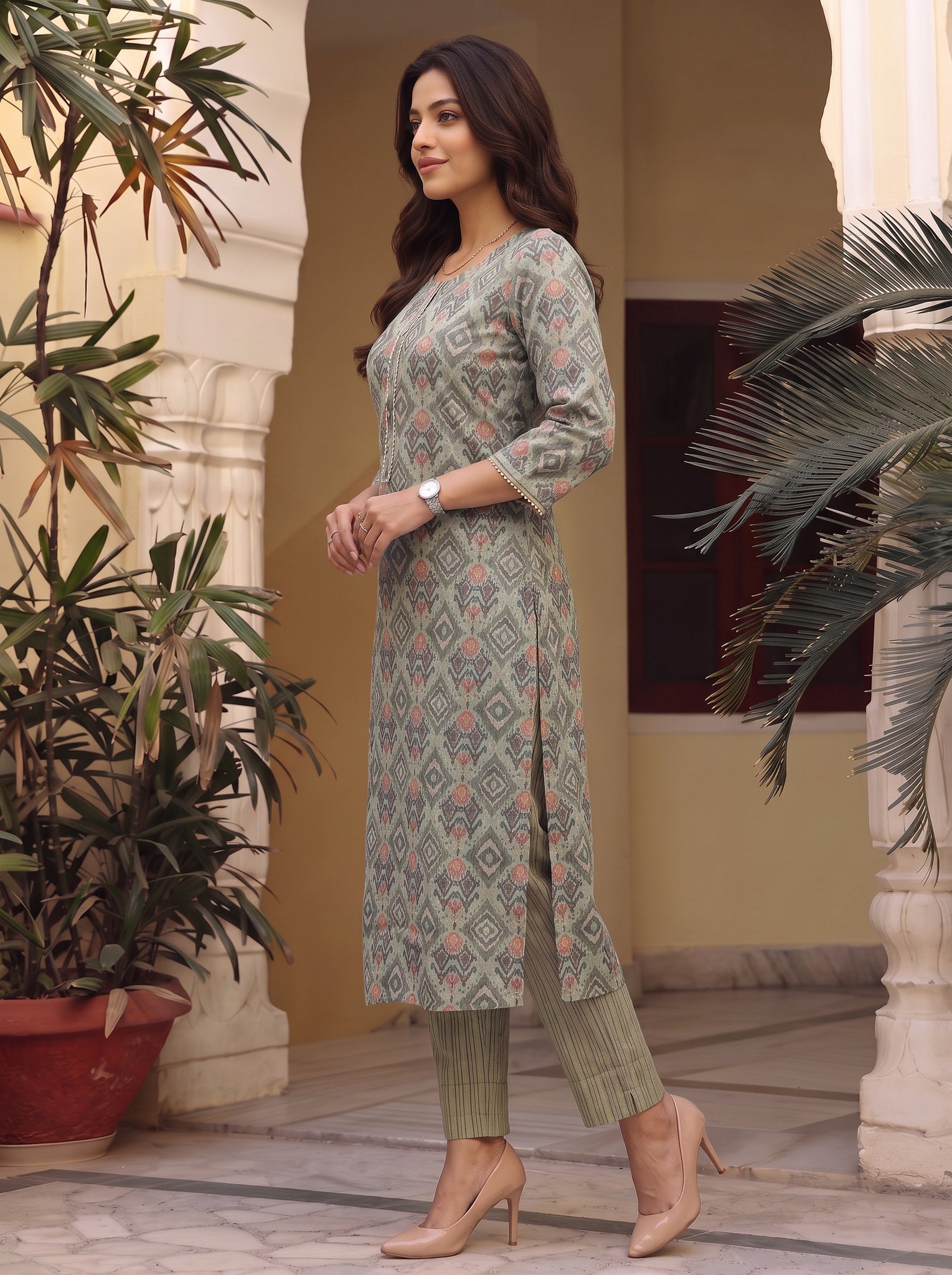 Viscose Printed A-Line Calf Length Kurta With Pant