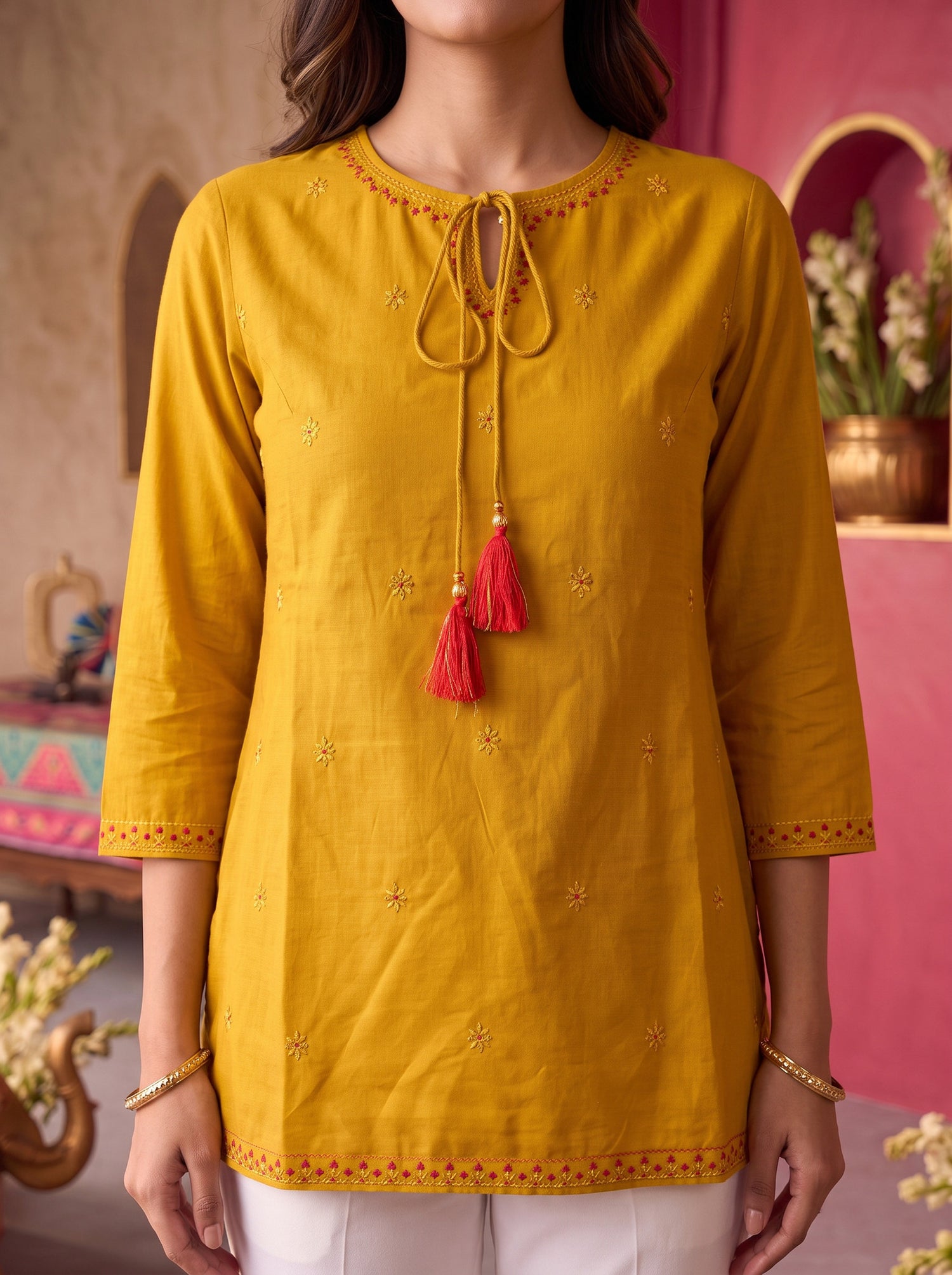Buy Rayon Embroidered Straight Short Length Short Kurta-Mustard