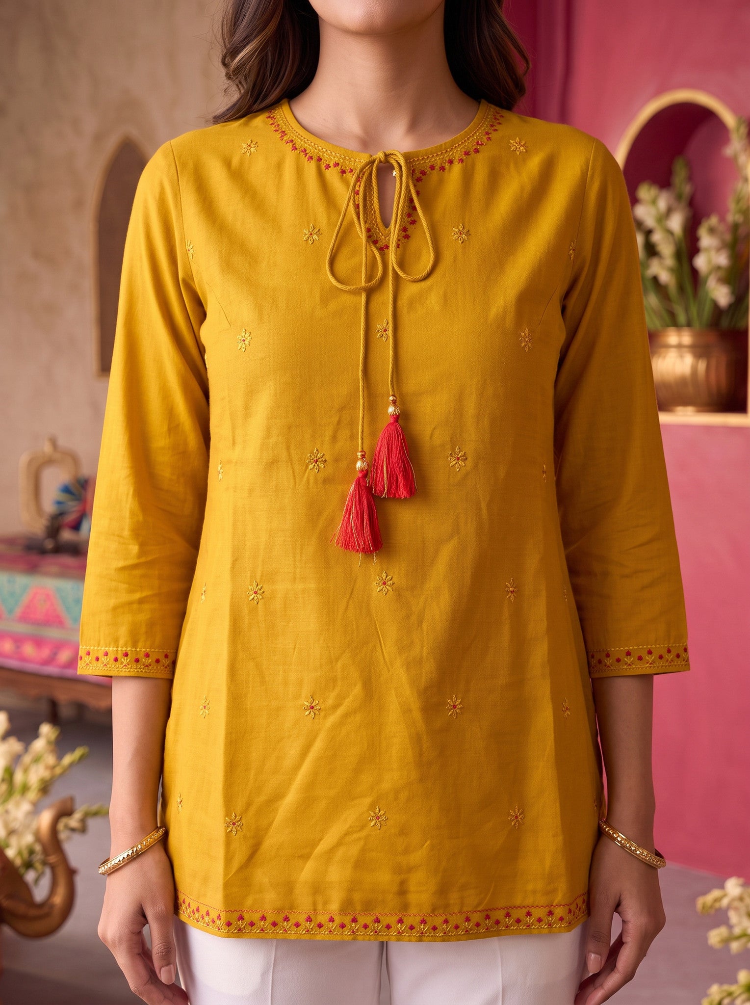 Rayon Embroidered Straight Short Length Short Kurta