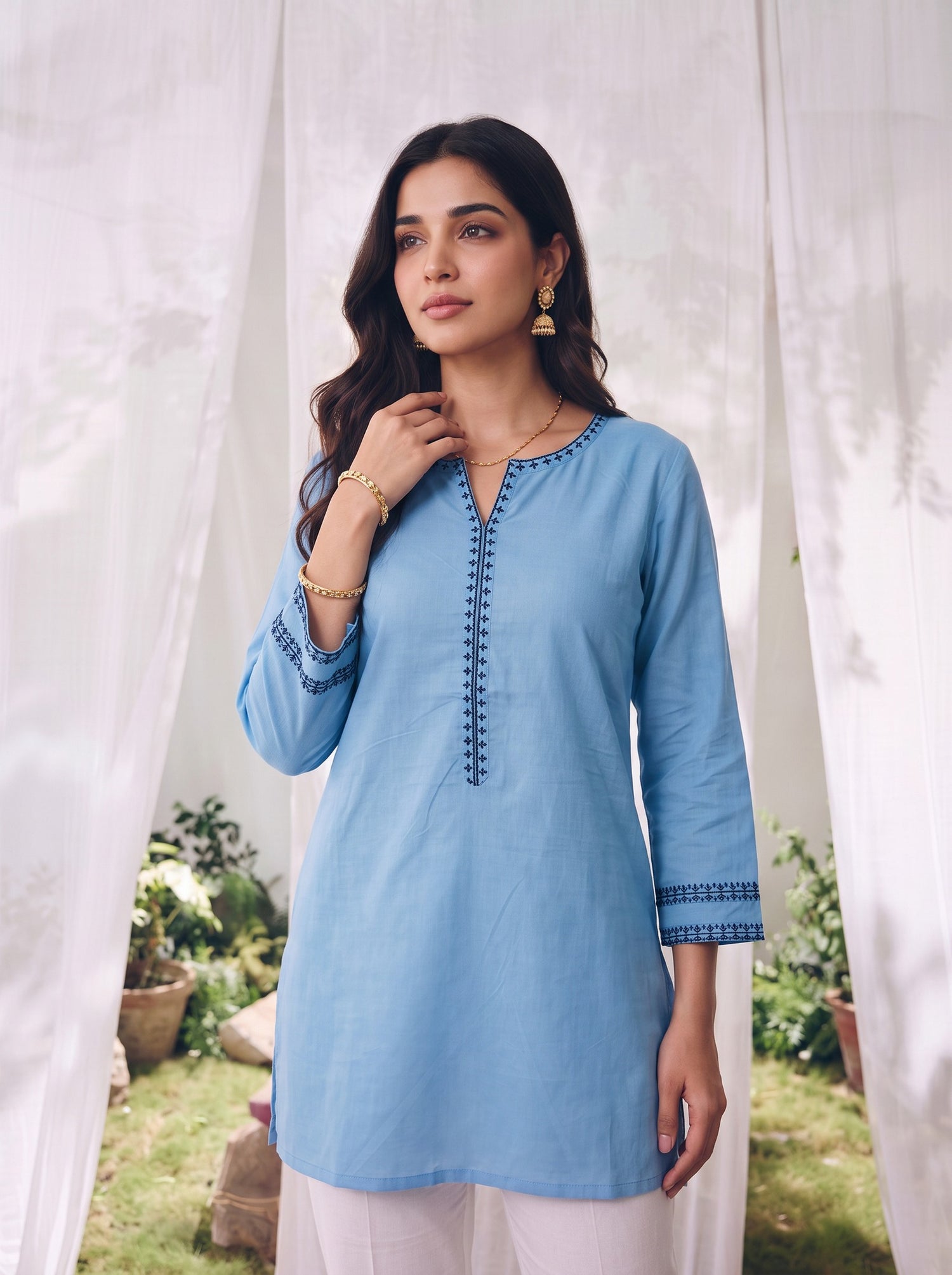 Buy Rayon Embroidered Straight Short Length Short Kurta-Teal