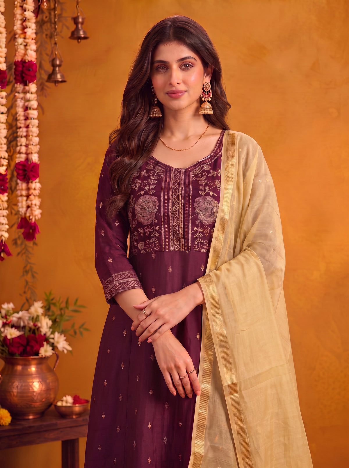 Viscose Embroidered Flared Calf Length Kurta With Pant and Dupatta