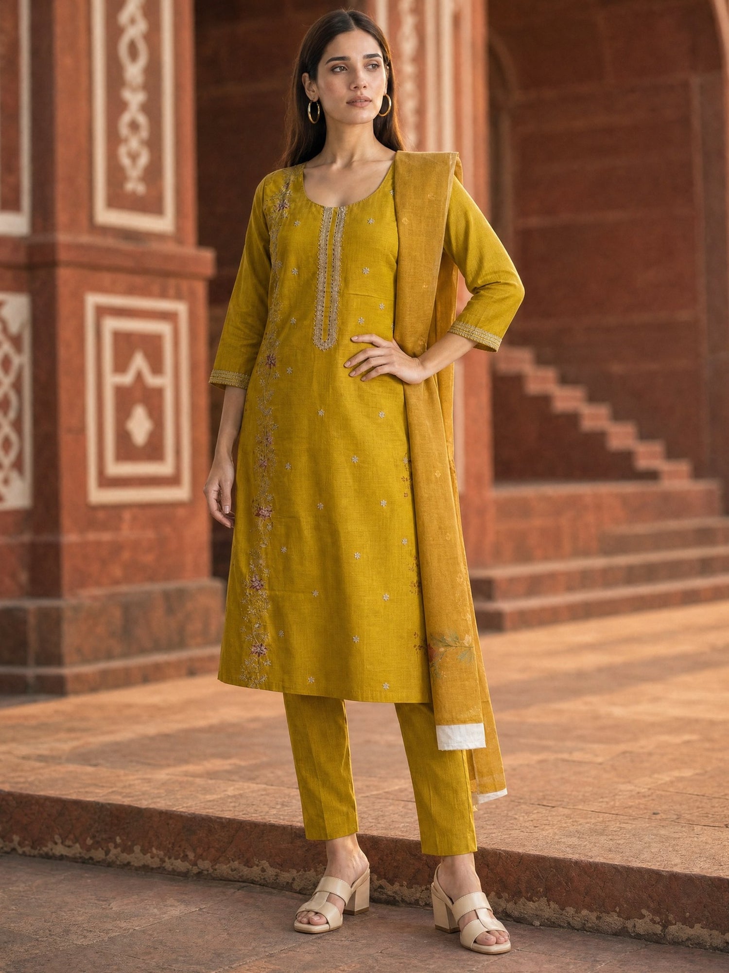 Buy Viscose Embroidered Straight Calf Length Kurta With Pant and Dupatta-Yellow