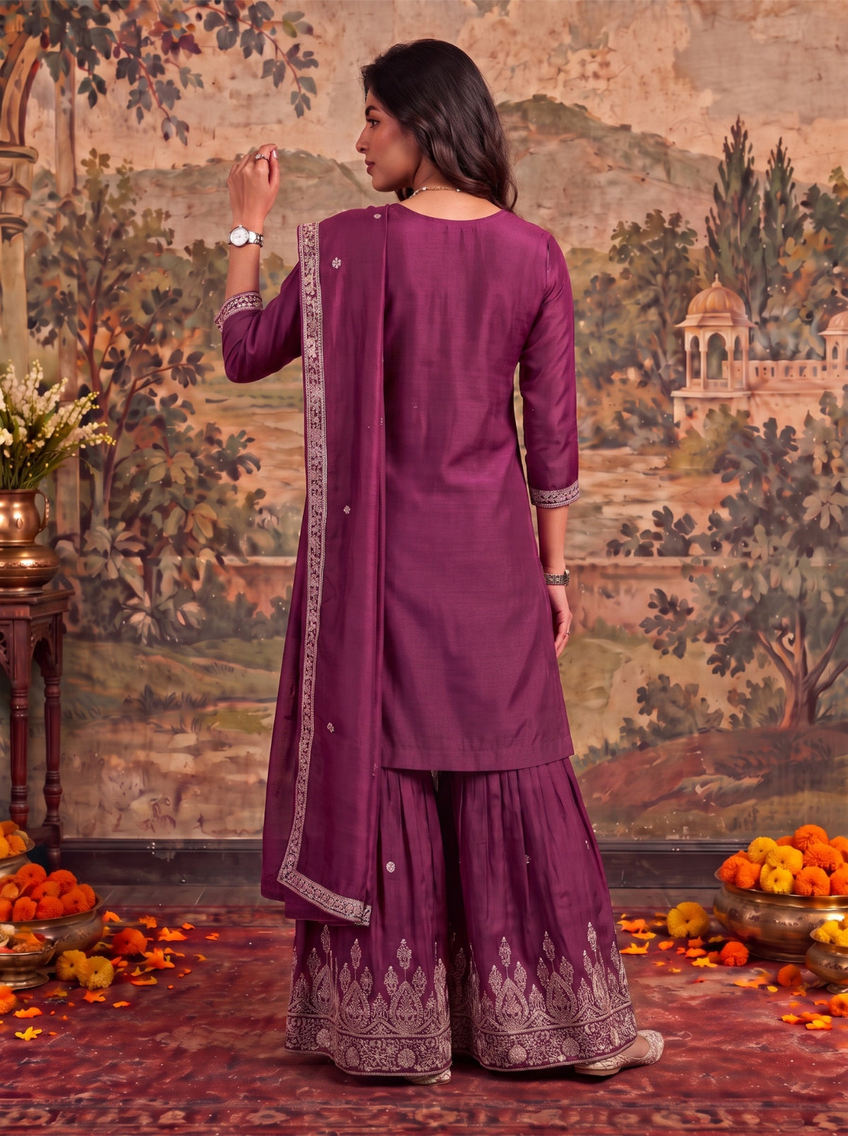 Buy Viscose Embroidered Straight Knee Length Kurta With Pant and Dupatta-Wine