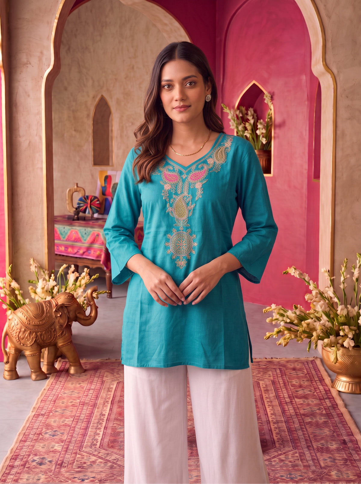 Buy Rayon Embroidered Straight Short Length Short Kurta-Teal