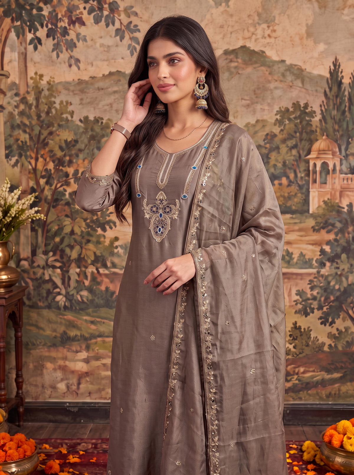 Viscose Embroidered Straight Calf Length Kurta With Pant and Dupatta