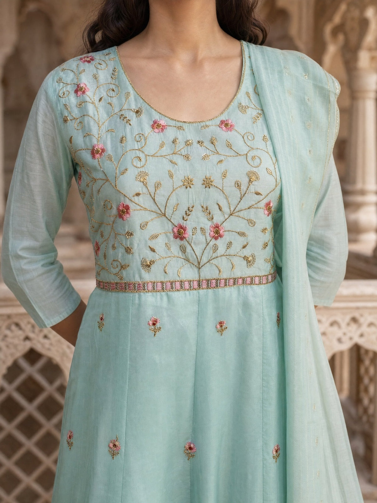 Buy Viscose Embroidered Anarkali Calf Length Kurta With Pant and Dupatta-Turquoise