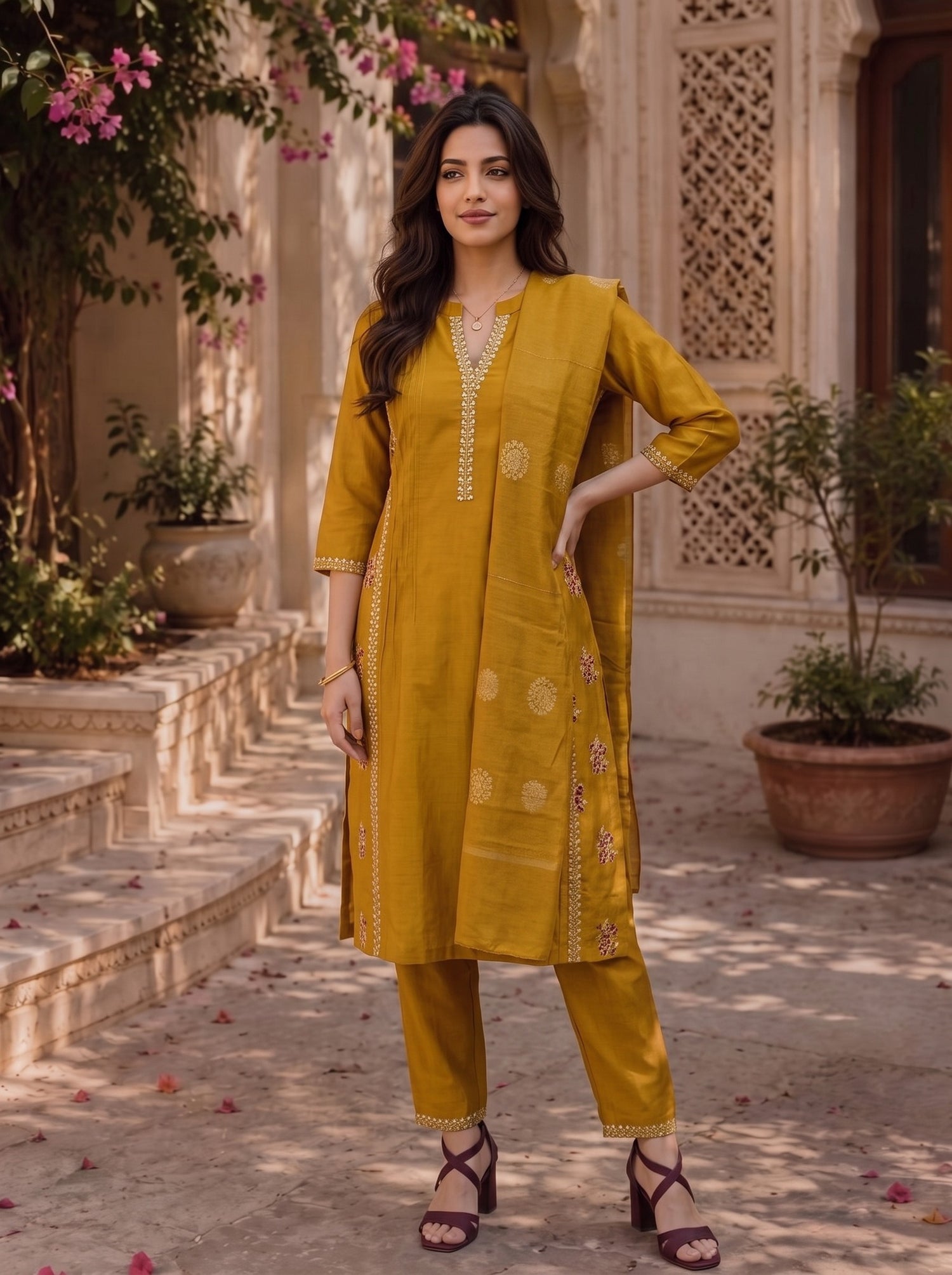Buy Viscose Embroidered Straight Calf Length Kurta With Pant-Mustard