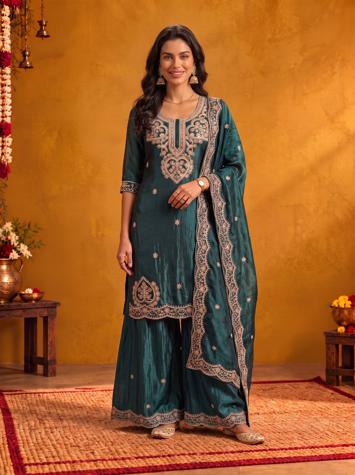 Viscose Embroidered Straight Knee Length Kurta With Pant and Dupatta
