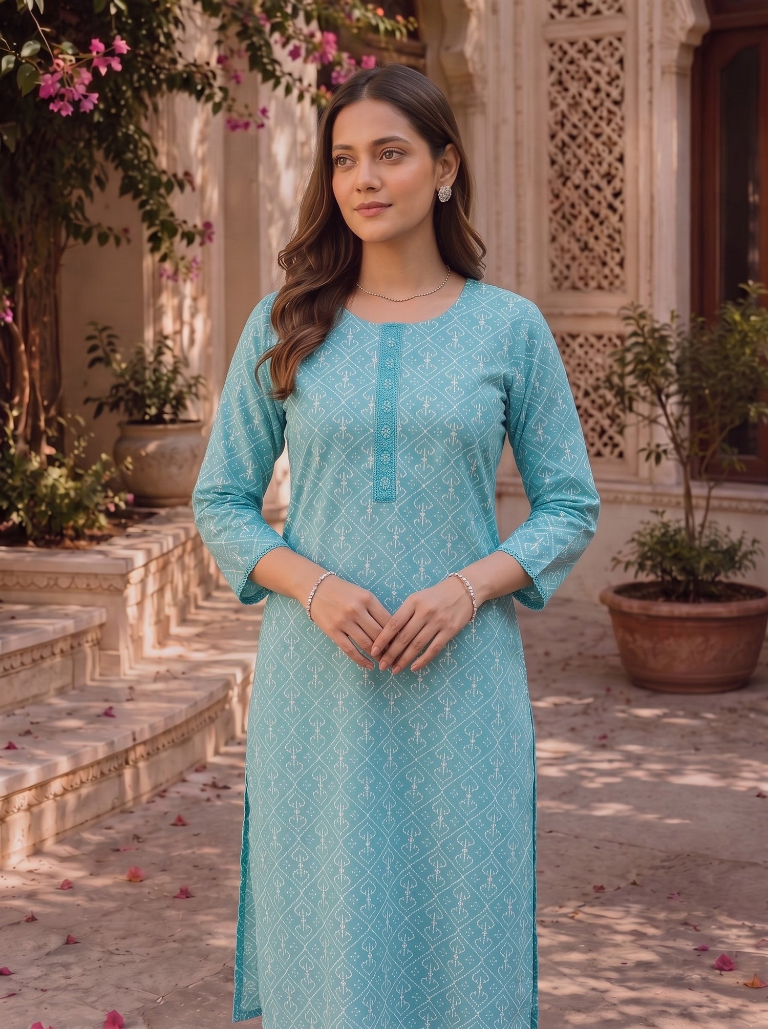 Buy Cotton Embroidered Straight Knee Length Kurta-Light Blue
