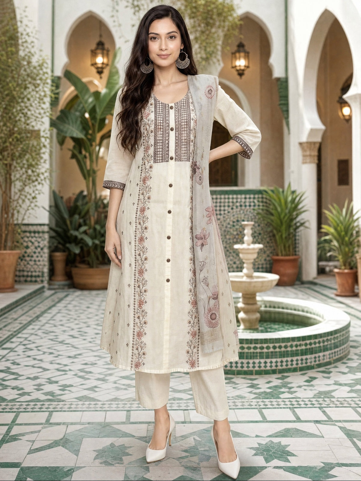 Buy Viscose Embroidered Anarkali Calf Length Kurta With Pant and Dupatta-Off White