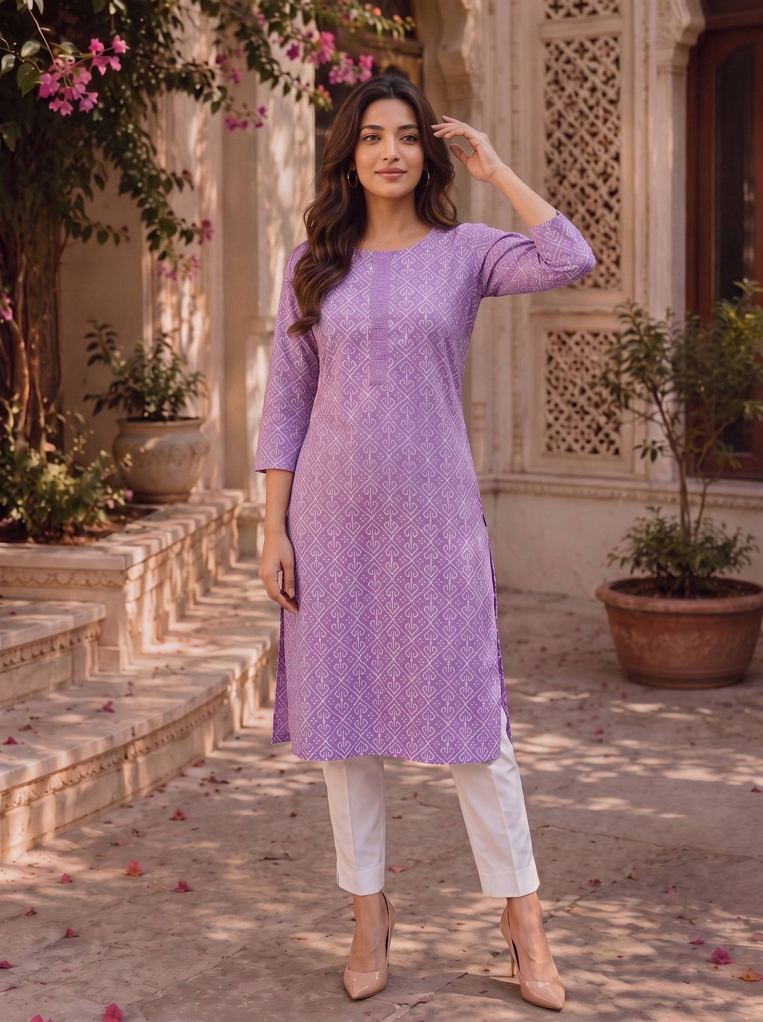Buy Cotton Embroidered Straight Knee Length Kurta-Purple