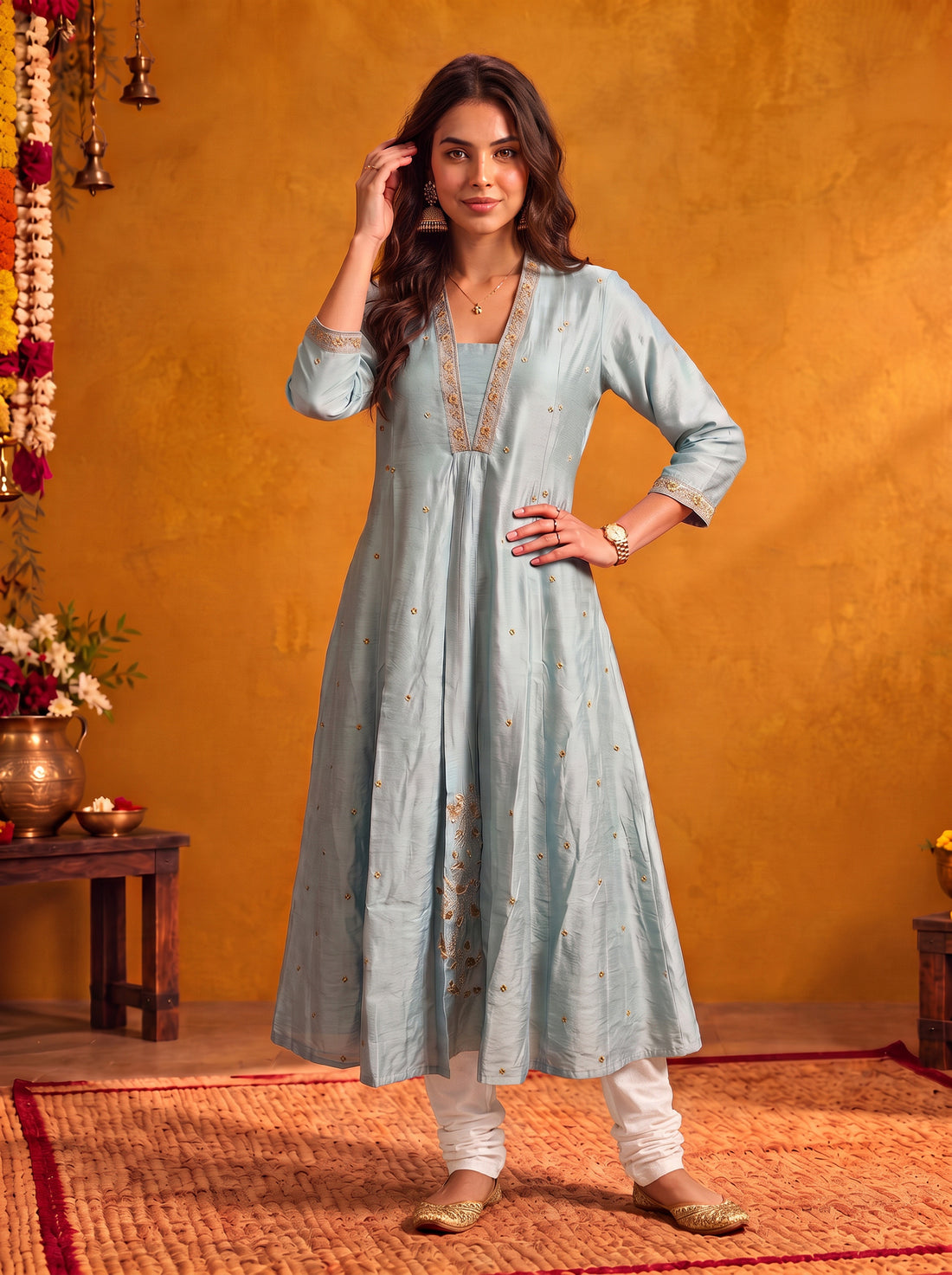 Buy Viscose Embroidered Flared Calf Length Kurta-Blue