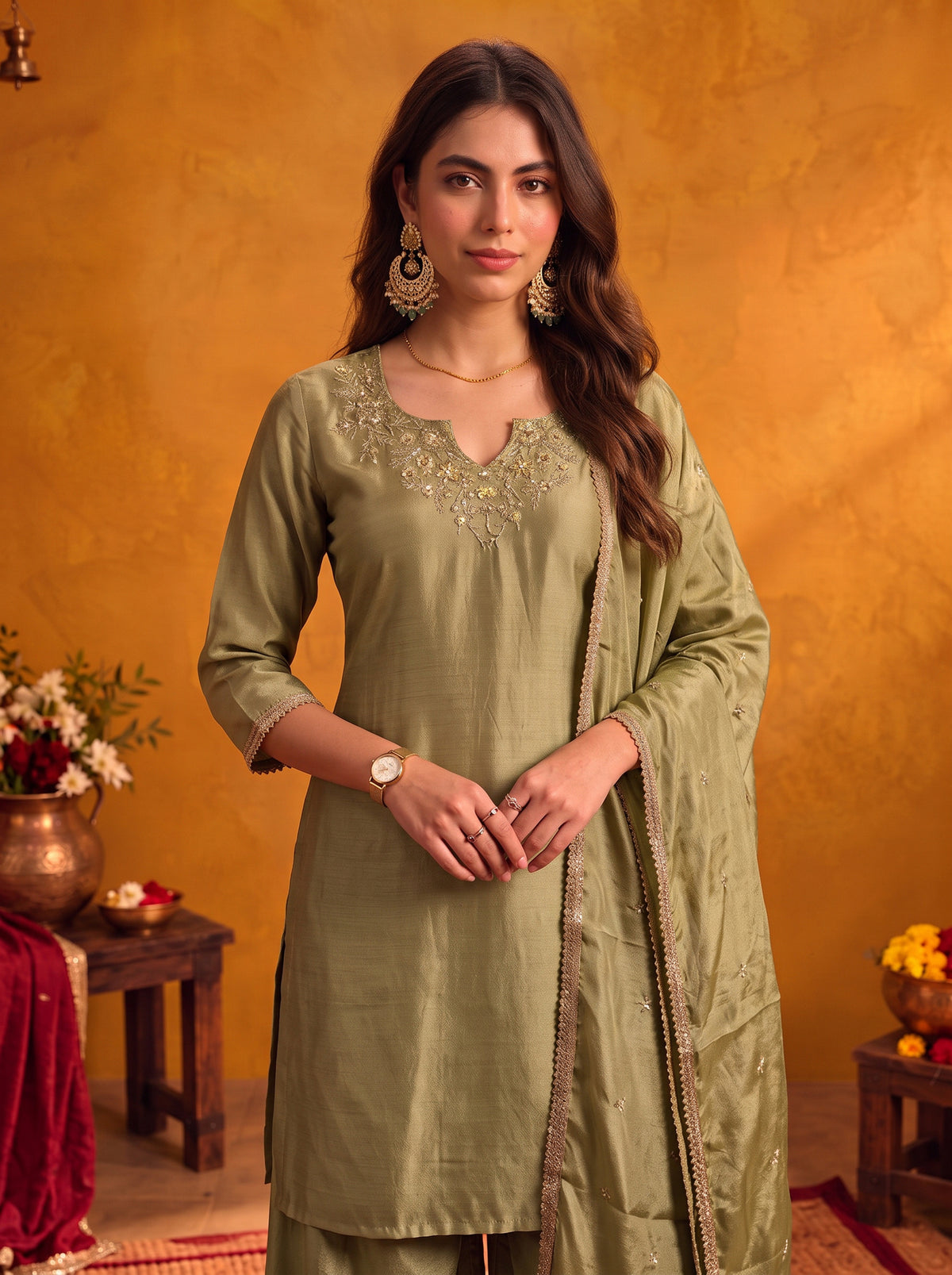 Buy Viscose Embroidered Straight Knee Length Kurta With Pant and Dupatta-Green