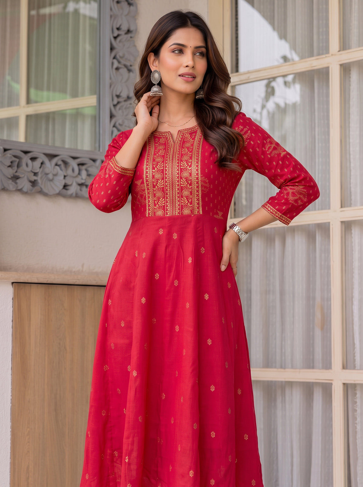 Buy Rayon Embroidered Flared Calf Length Kurta-Fuschia