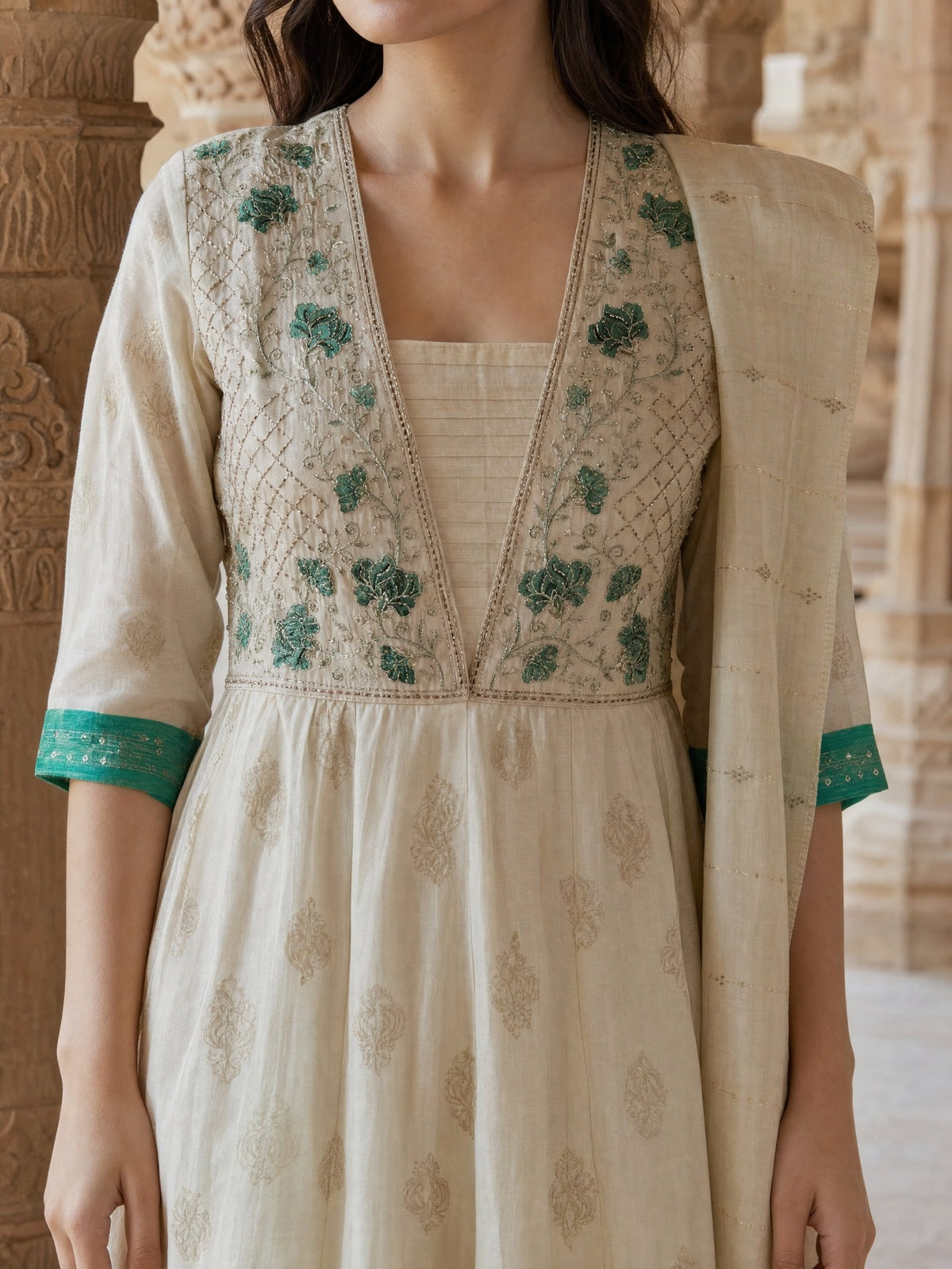 Buy Viscose Embroidered Anarkali Calf Length Kurta With Pant and Dupatta-Off White