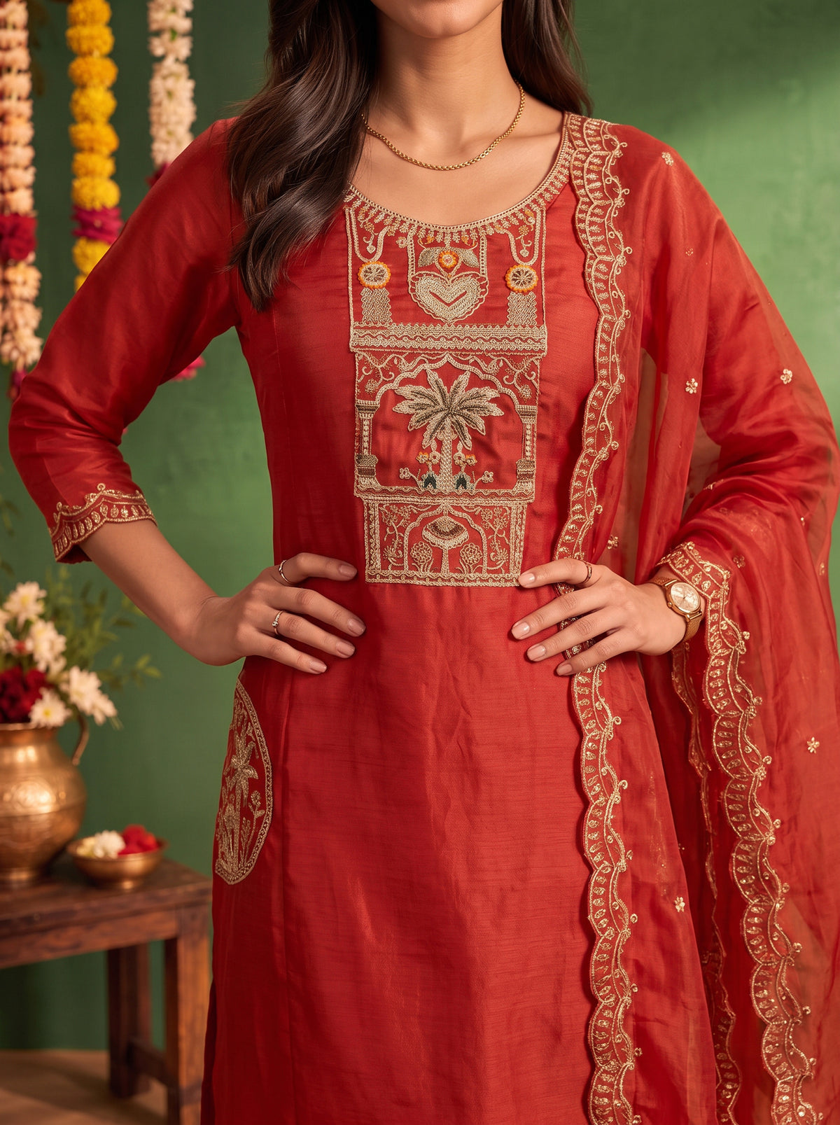 Buy Chanderi Embroidered Flared Calf Length Kurta With Pant and Dupatta-Rust