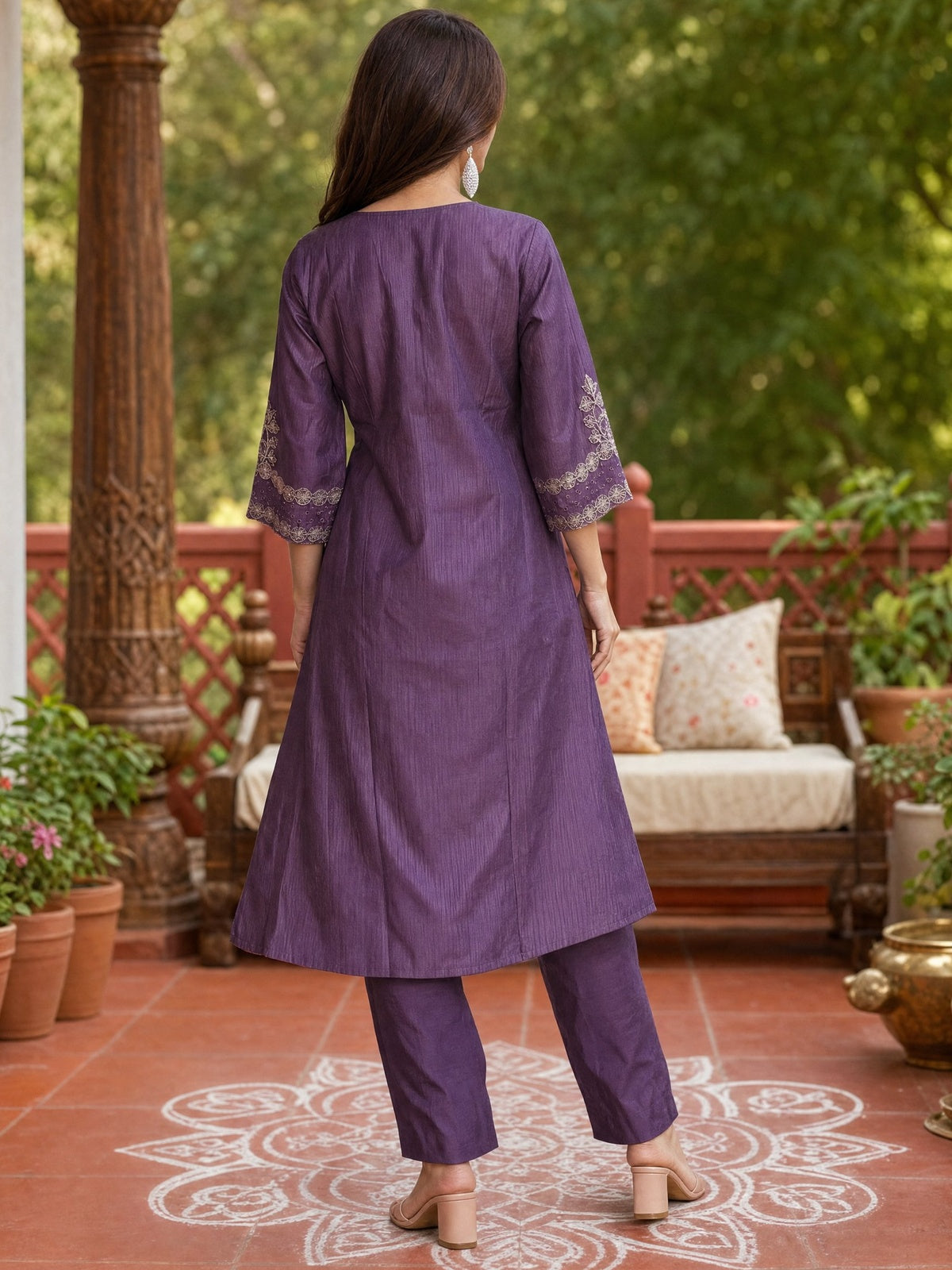 Buy Viscose Embroidered Anarkali Calf Length Kurta With Pant-Mauve