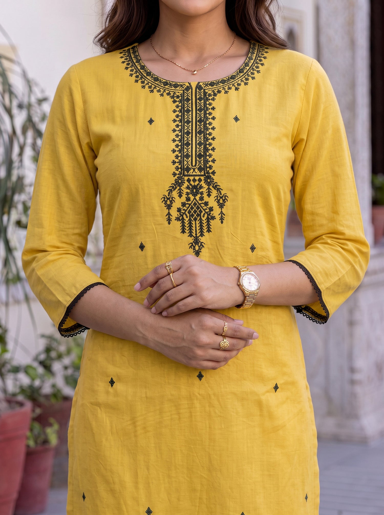 Buy Rayon Embroidered Straight Calf Length Kurta-Mustard