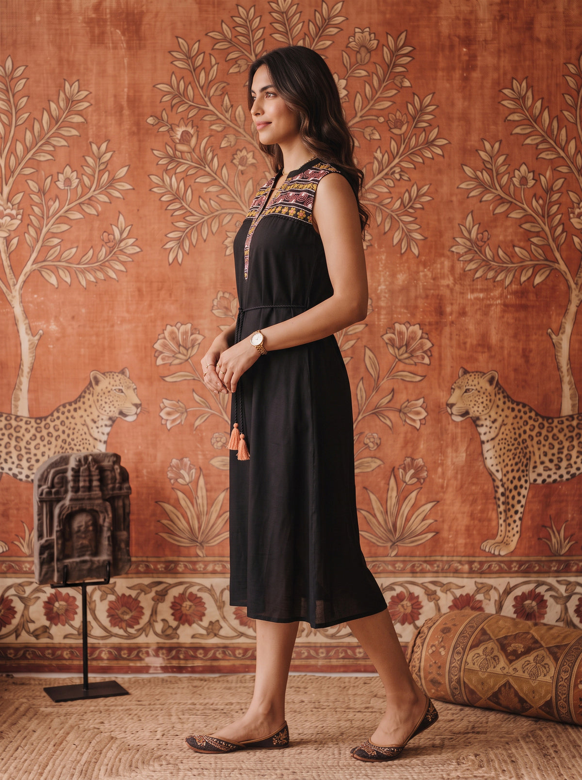 Buy Rayon Embroidered Flared Calf Length Dress-Black