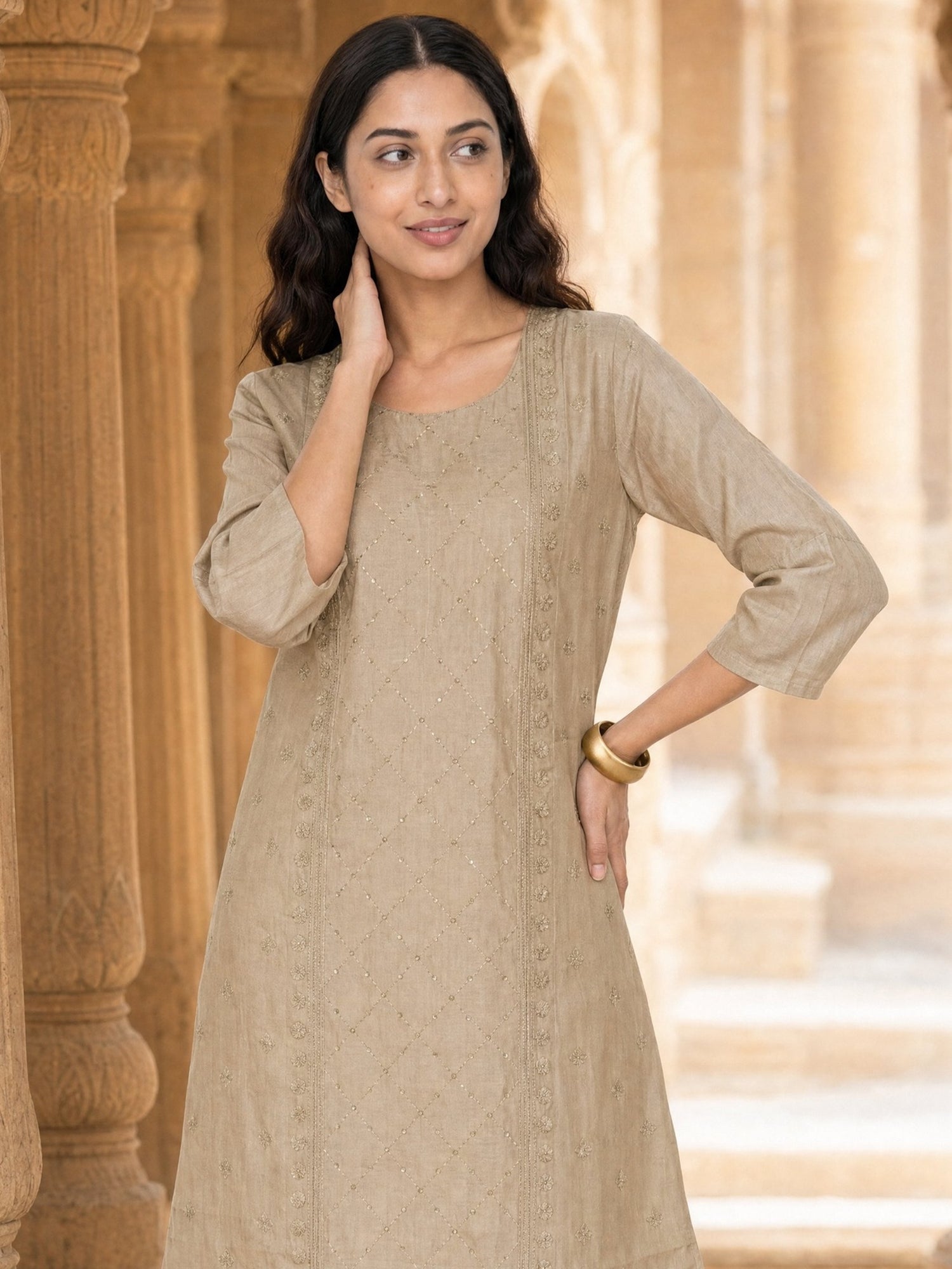 Buy Chanderi Embroidered Straight Calf Length Kurta-Beige