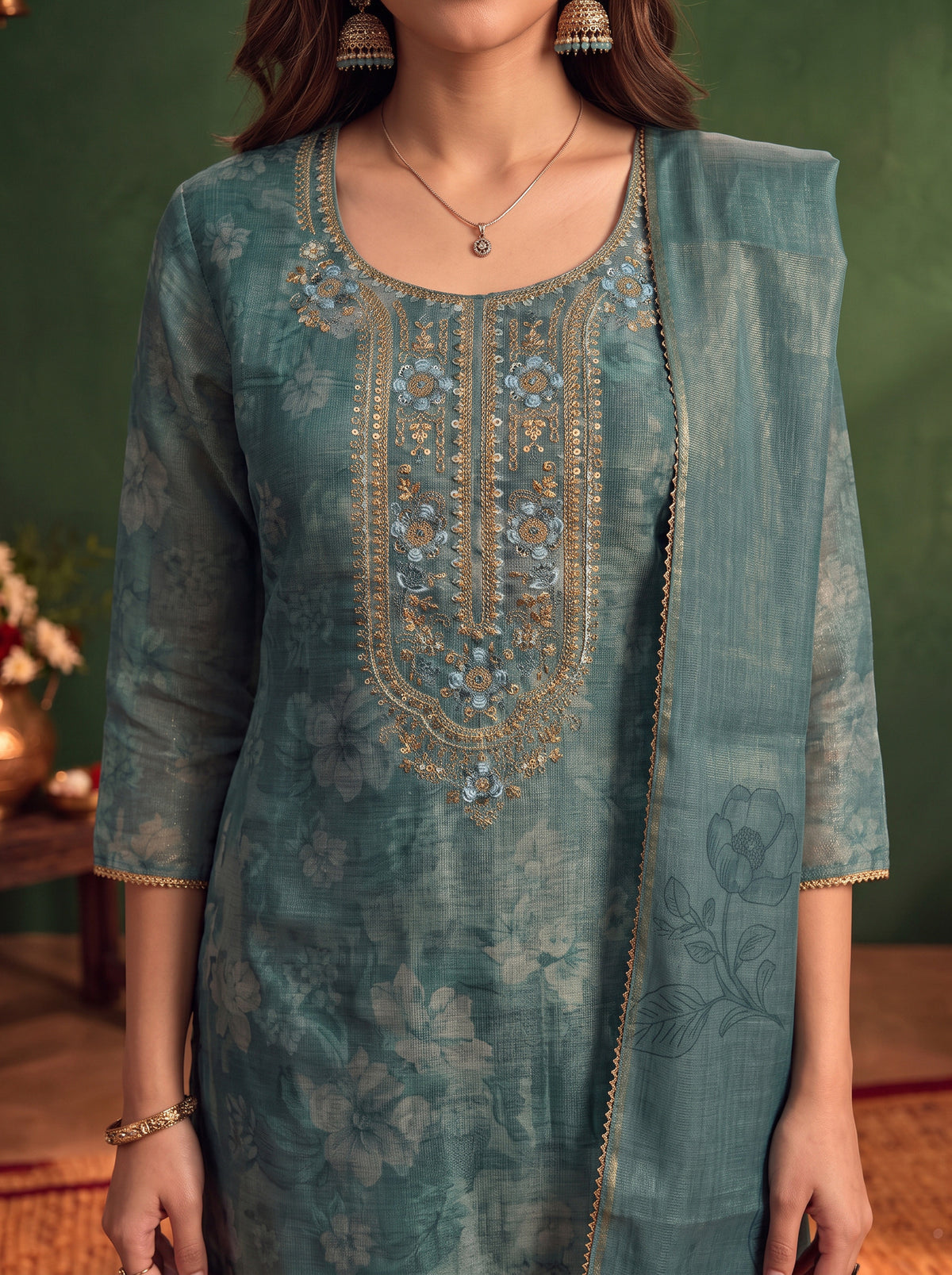 Buy Viscose Embroidered Straight Calf Length Kurta With Pant and Dupatta-Green