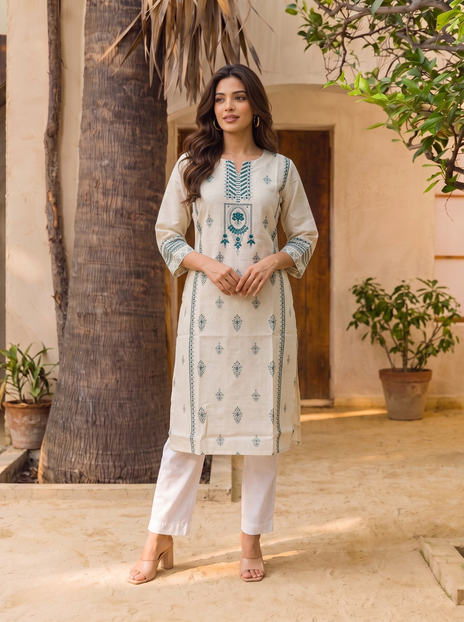 Buy Cotton Embroidered Straight Calf Length Kurta-Teal