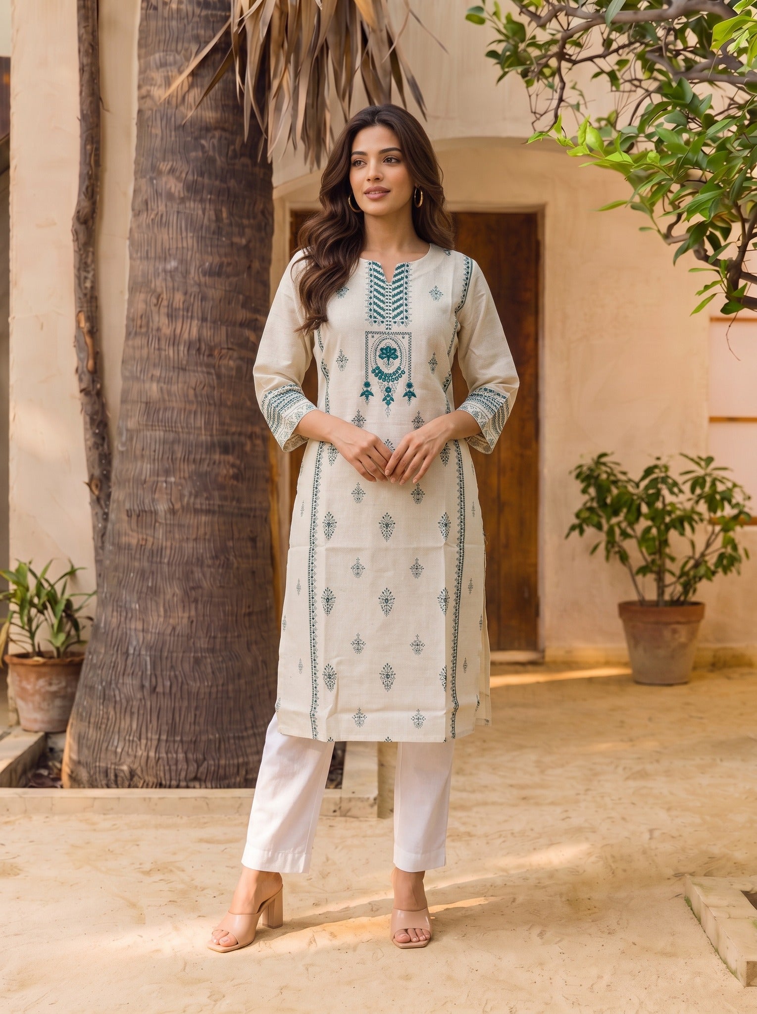 Cotton Embroidered Straight Calf Length Kurta