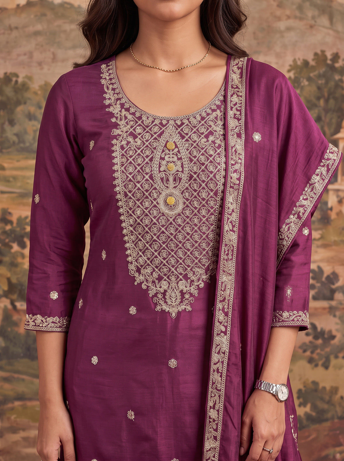 Buy Viscose Embroidered Straight Knee Length Kurta With Pant and Dupatta-Wine