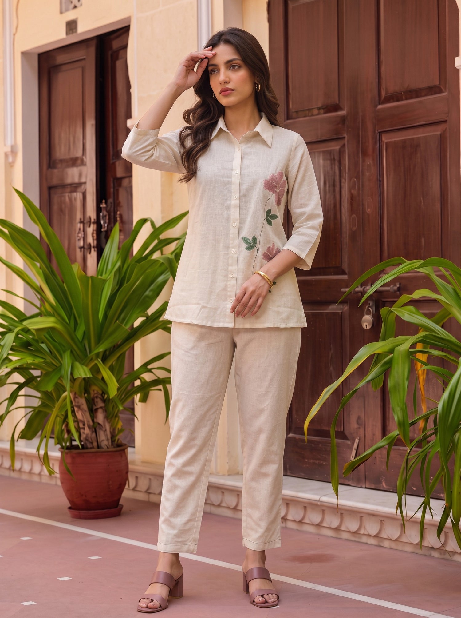 Buy Cotton Embroidered Straight Co-Ord Set-Off White