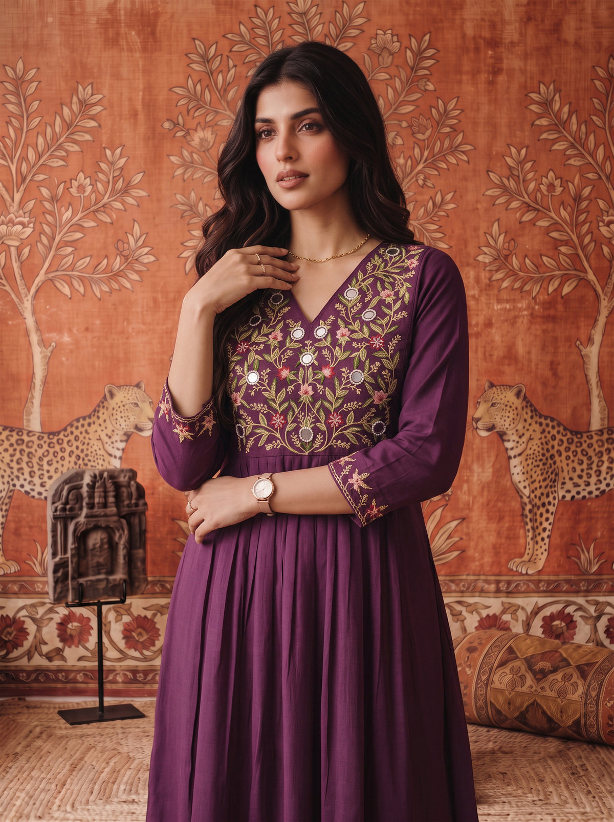 Viscose Embroidered Flared Calf Length Kurta