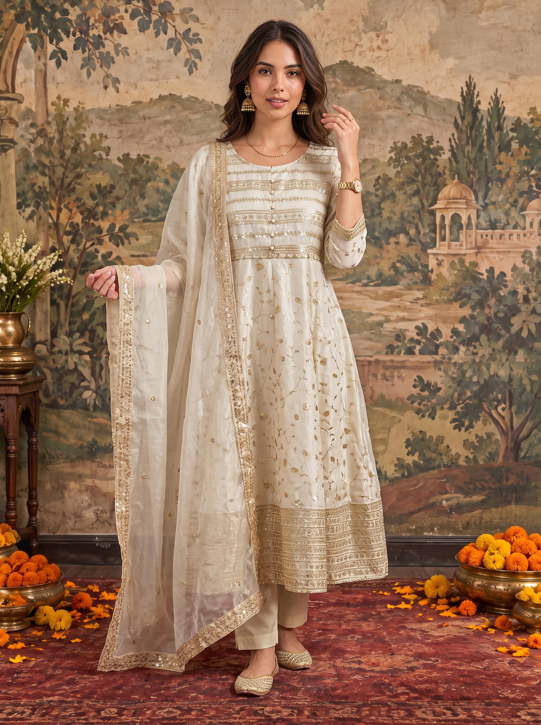 Buy Viscose Embroidered Flared Calf Length Kurta With Pant and Dupatta-Beige