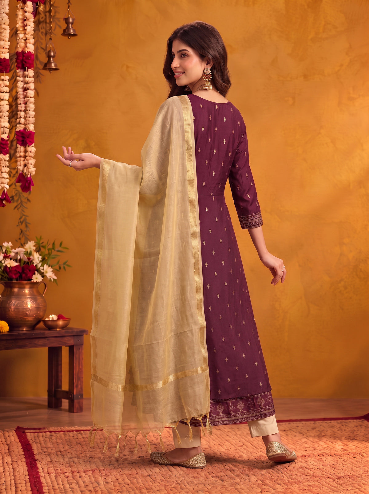 Viscose Embroidered Flared Calf Length Kurta With Pant and Dupatta