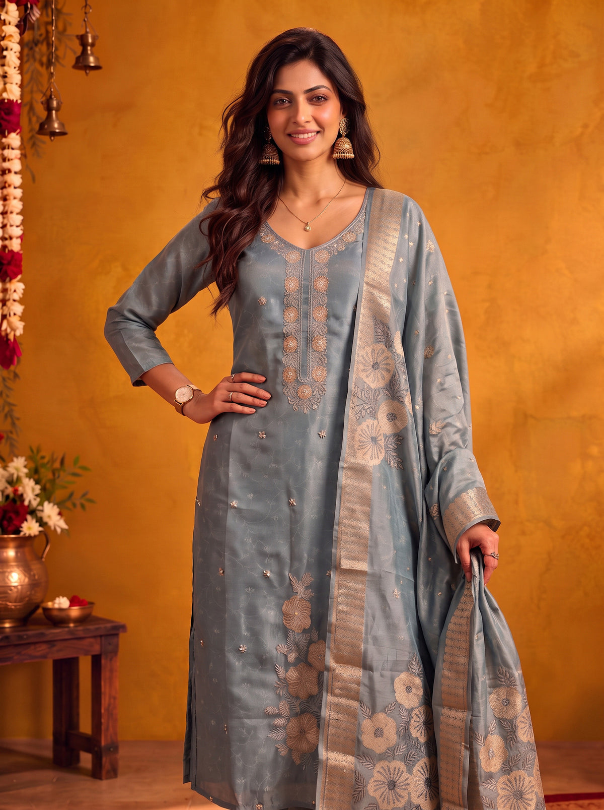 Viscose Embroidered Straight Calf Length Kurta With Pant and Dupatta