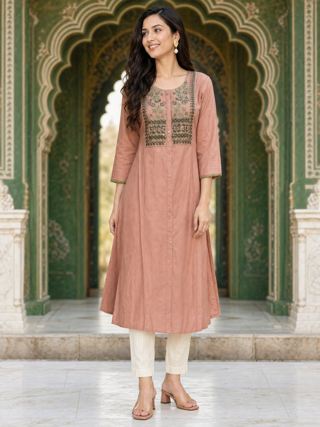 Buy Viscose Embroidered A-Line Calf Length Kurta-Peach