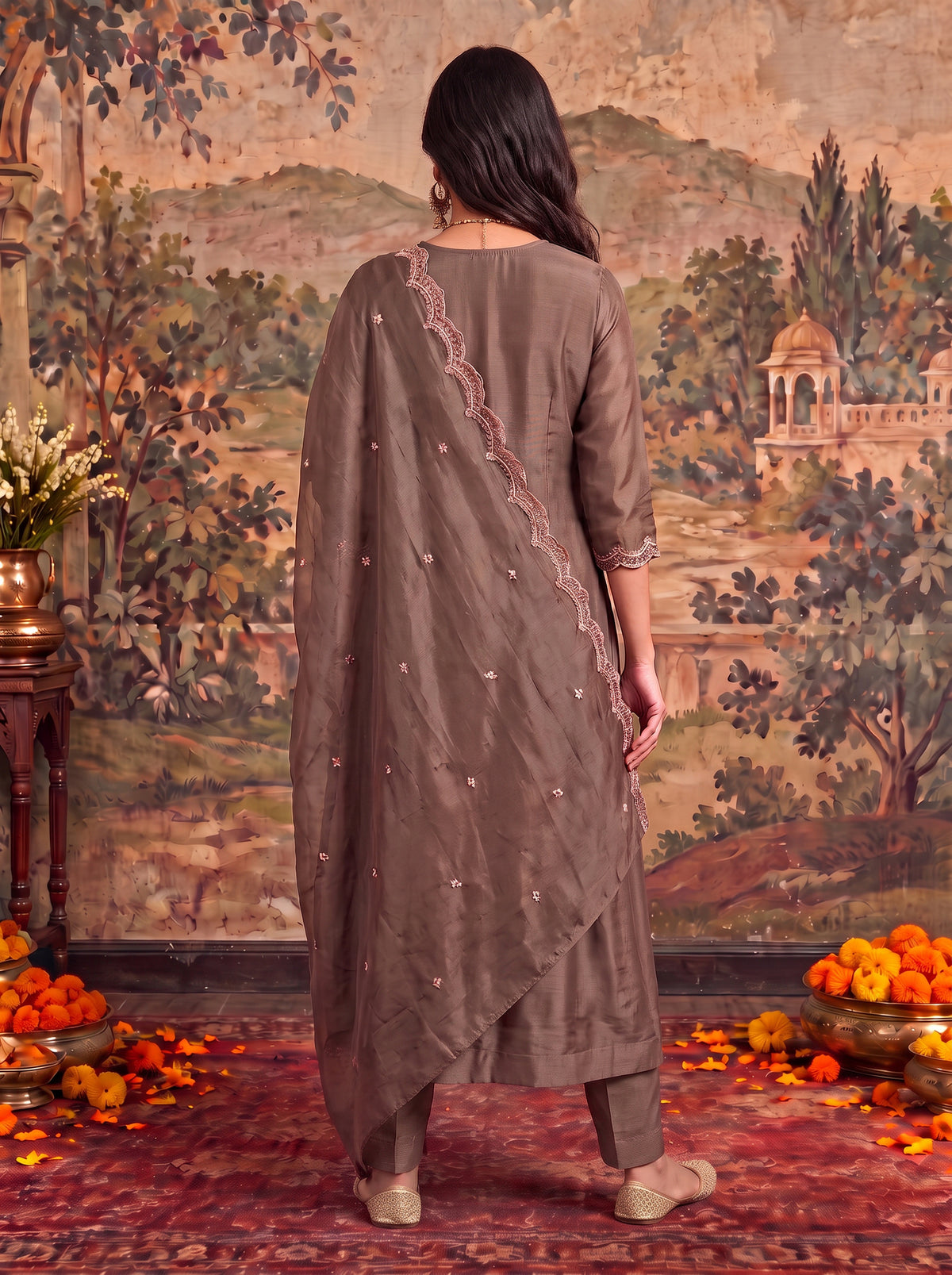 Chanderi Embroidered Flared Calf Length Kurta With Pant and Dupatta